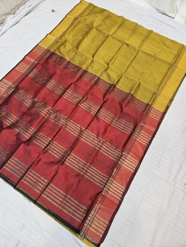 Mustard Yellow and Maroon Inchi Par Zari Striped Pallu Pure Bishnupur Katan Silk Saree