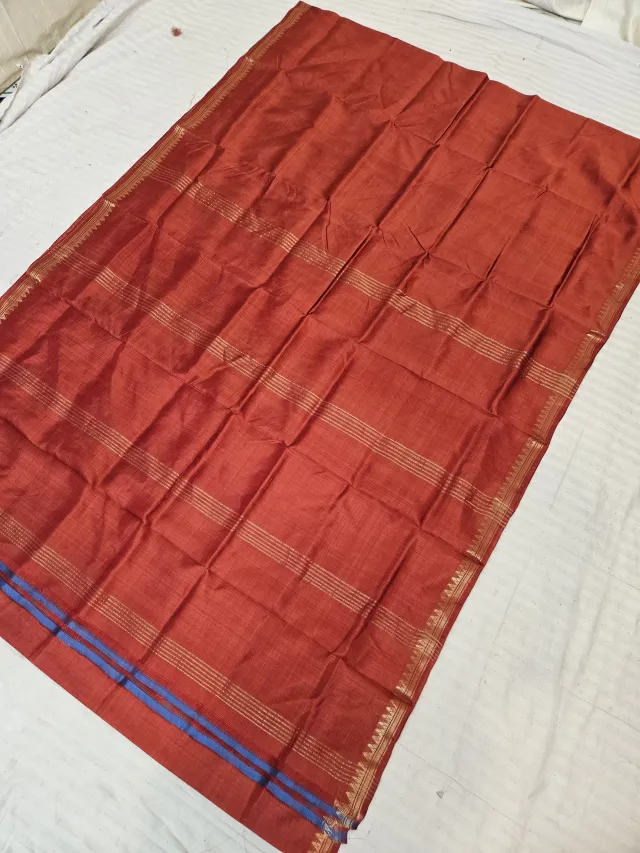 Deep Red Inchi Par Golden Zari Striped Pallu Pure Bishnupur Katan Silk Saree