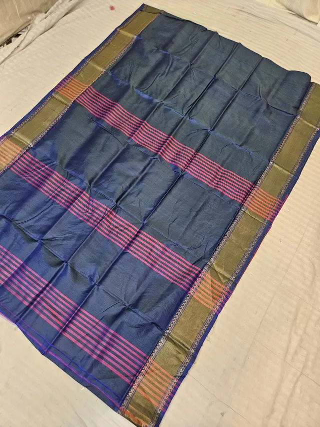 Navy Blue Inchi Par Rani Pink Striped Pallu Pure Bishnupur Katan Silk Saree