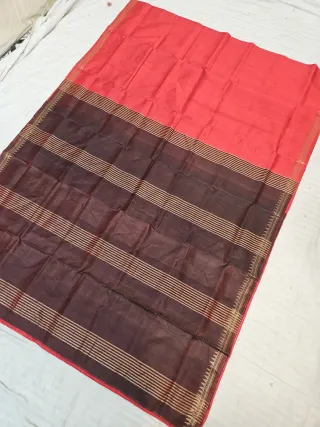 Strawberry Pink and Coffee Brown Inchi Par Zari Striped Pallu Pure Bishnupur Katan Silk Saree