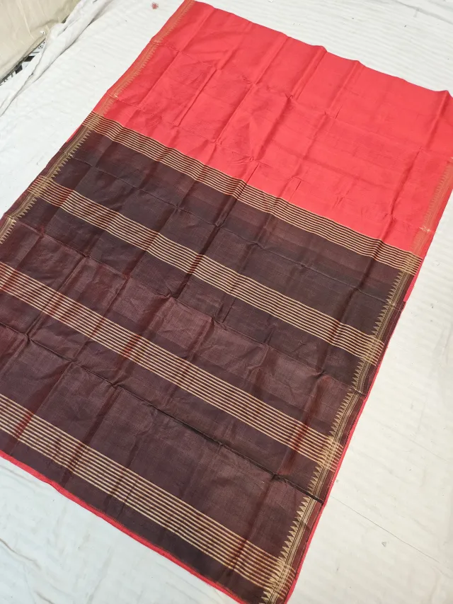 Strawberry Pink and Coffee Brown Inchi Par Zari Striped Pallu Pure Bishnupur Katan Silk Saree