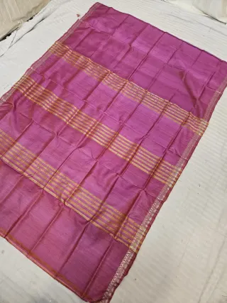 Rani Pink Golden Zari Striped Pallu Tussar Inchi Par Saree