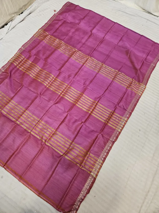 Rani Pink Golden Zari Striped Pallu Tussar Inchi Par Saree