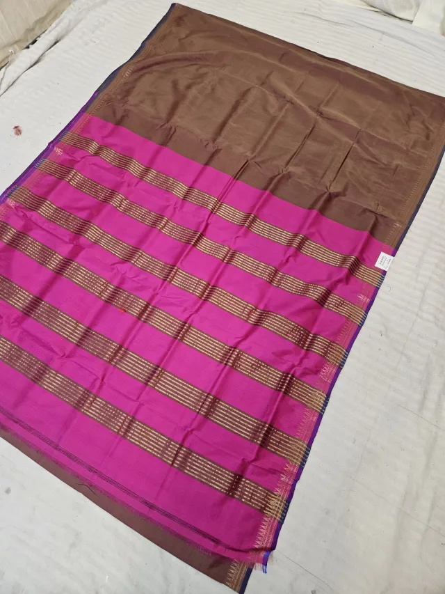 Chocolate Brown and Rani Pink Inchi Par Zari Striped Pallu Pure Bishnupur Katan Silk Saree