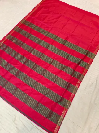 Deep Red Inchi Par Green and Zari Striped Pallu Pure Bishnupur Katan Silk Saree