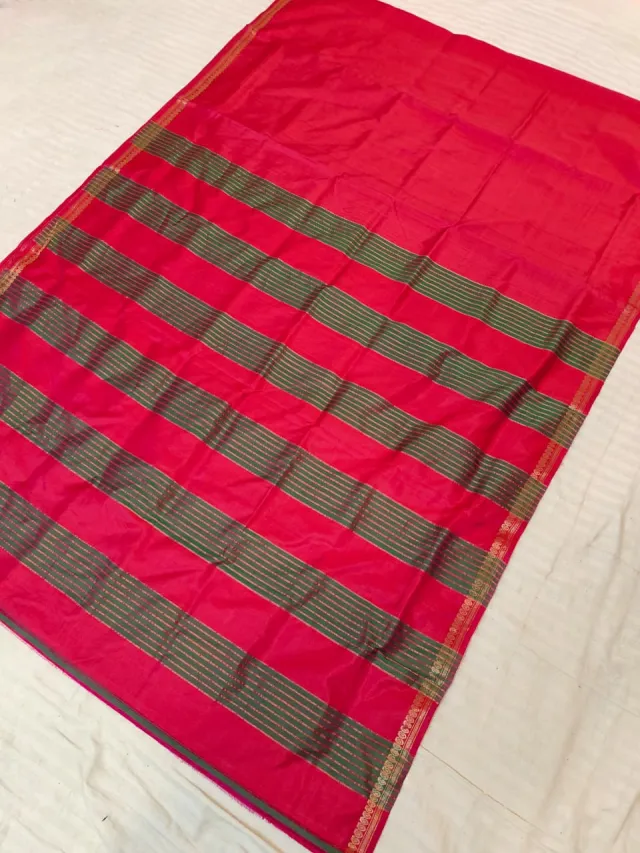 Deep Red Inchi Par Green and Zari Striped Pallu Pure Bishnupur Katan Silk Saree