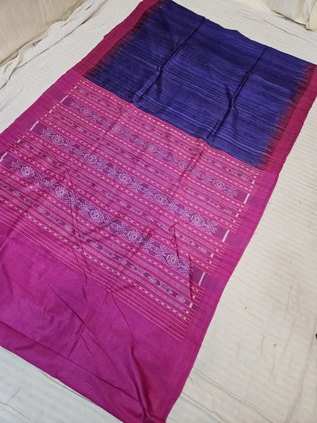 Royal Blue and Rani Pink Handwoven Traditional Ikkat Pallu Ghicha Pure Silk Saree