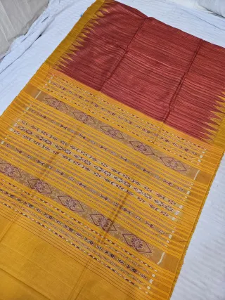 Deep Maroon and Mustard Yellow Handwoven Traditional Ikkat Pallu Ghicha Pure Silk Saree