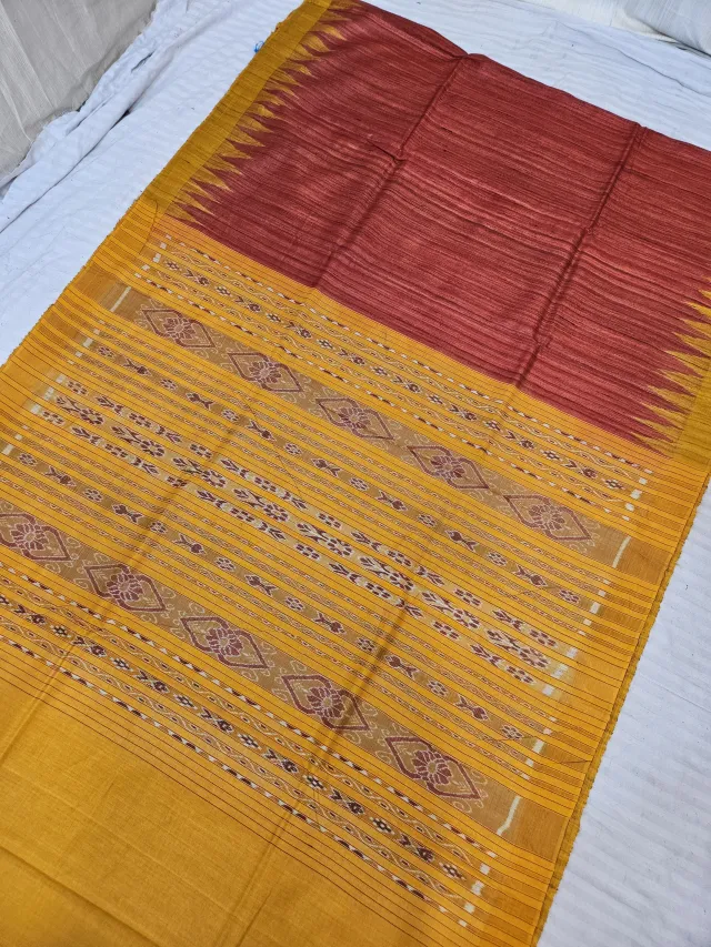 Deep Maroon and Mustard Yellow Handwoven Traditional Ikkat Pallu Ghicha Pure Silk Saree