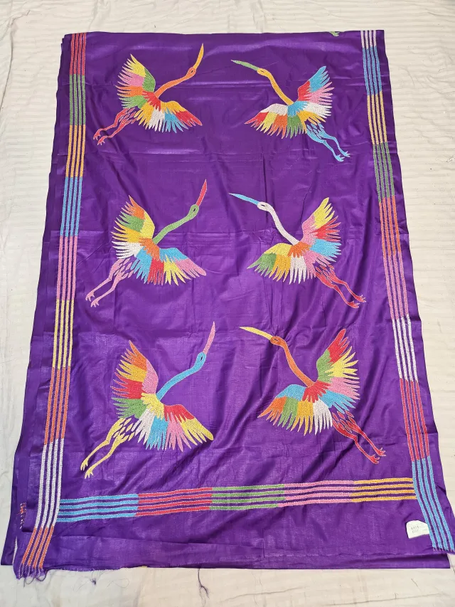 Purple Hand Embroidered Flying Crane Kantha Stitch Blended Bangalore Silk Saree