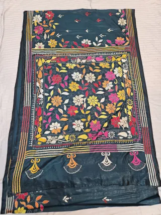 Bottle Green Hand Embroidered Floral Jaal Square Panel Kantha Stitch Blended Bangalore Silk Saree