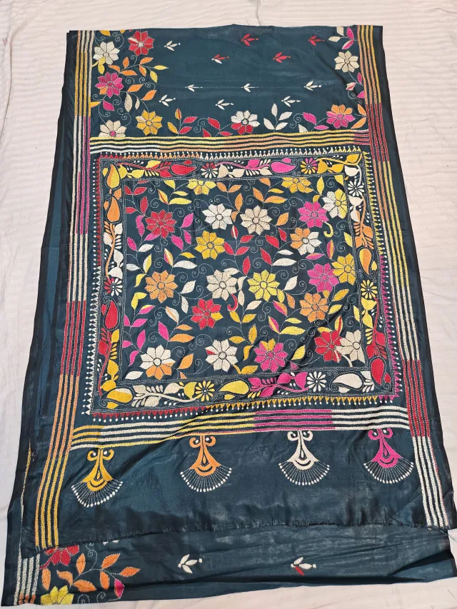 Bottle Green Hand Embroidered Floral Jaal Square Panel Kantha Stitch Blended Bangalore Silk Saree