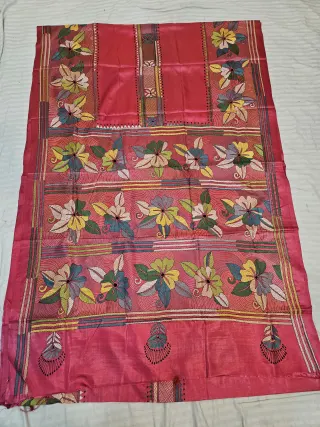 Strawberry Pink Hand Embroidered Floral Panel Kantha Stitch Blended Bangalore Silk Saree
