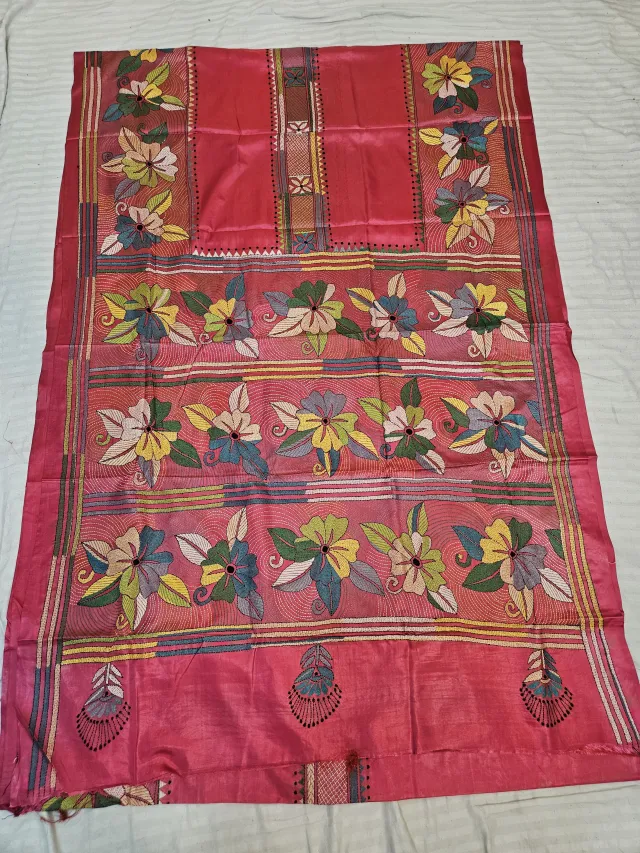 Strawberry Pink Hand Embroidered Floral Panel Kantha Stitch Blended Bangalore Silk Saree