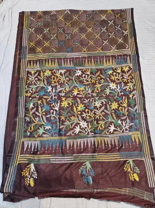 Chocolate Brown Hand Embroidered Floral Jaal and Geometric Panel Kantha Stitch Blended Bangalore Silk Saree