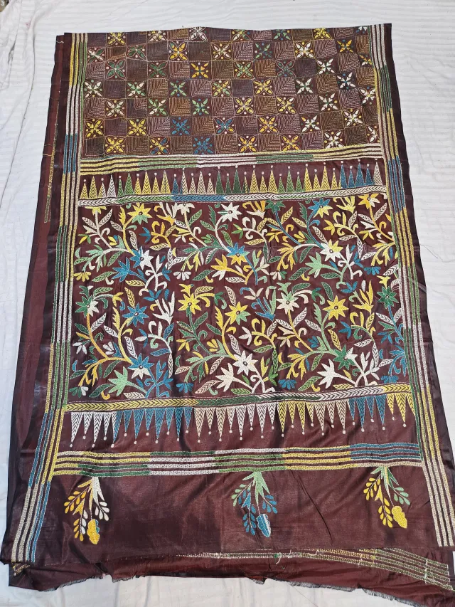 Chocolate Brown Hand Embroidered Floral Jaal and Geometric Panel Kantha Stitch Blended Bangalore Silk Saree