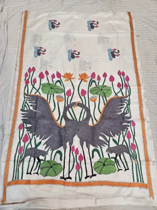 Off White Hand Embroidered Dancing Swan and Lotus Pond Kantha Stitch Blended Bangalore Silk Saree