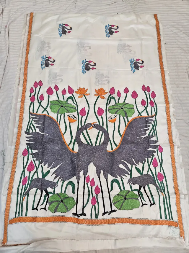 Off White Hand Embroidered Dancing Swan and Lotus Pond Kantha Stitch Blended Bangalore Silk Saree