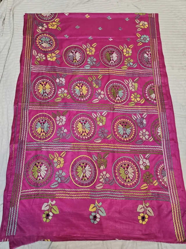 Rani Pink Hand Embroidered Circular Floral Chakra Panel Kantha Stitch Blended Bangalore Silk