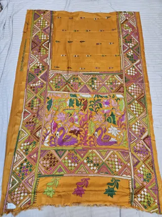 Mustard Yellow Hand Embroidered Peacock and Geometric Mosaic Kantha Stitch Blended Bangalore Silk Saree
