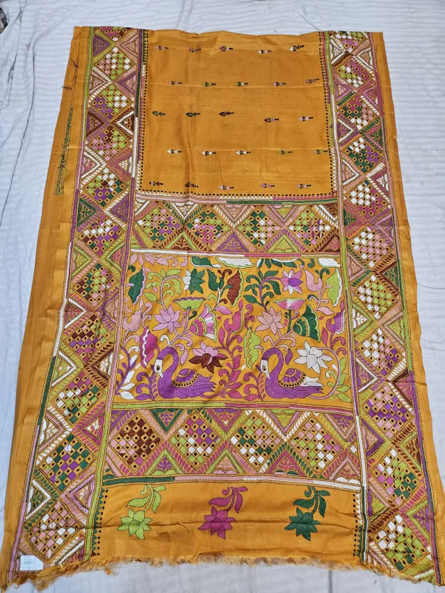 Mustard Yellow Hand Embroidered Peacock and Geometric Mosaic Kantha Stitch Blended Bangalore Silk Saree