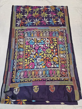 Deep Purple Hand Embroidered Floral Jaal and Paisley Frame Kantha Stitch Blended Bangalore Silk Saree