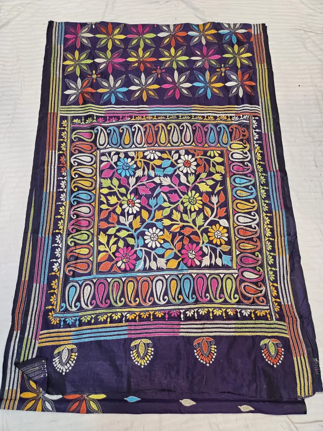 Deep Purple Hand Embroidered Floral Jaal and Paisley Frame Kantha Stitch Blended Bangalore Silk Saree