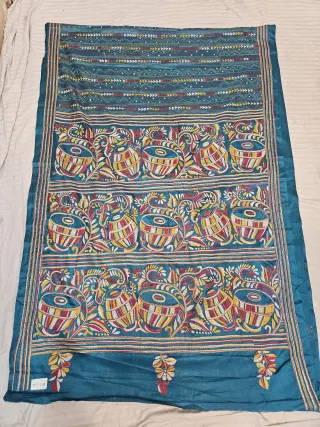 Peacock Blue Hand Embroidered Musical Instruments Tabla Dholak Kantha Stitch Blended Bangalore Silk Saree