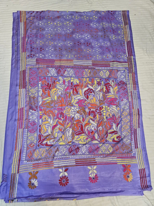 Lavender Hand Embroidered Floral Vine Square Panel Kantha Stitch Blended Bangalore Silk Saree