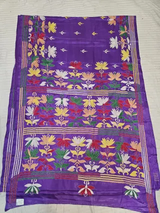 Purple Hand Embroidered Tiered Lotus Bloom Panel Kantha Stitch Blended Bangalore Silk Saree