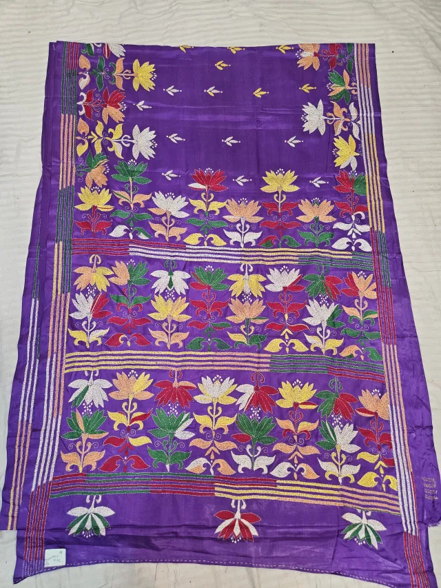 Purple Hand Embroidered Tiered Lotus Bloom Panel Kantha Stitch Blended Bangalore Silk Saree