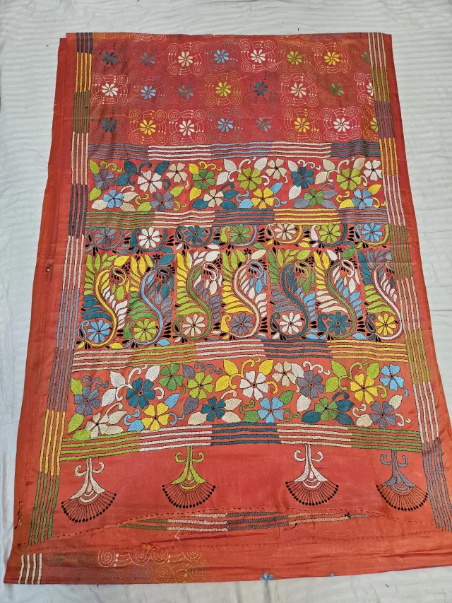 Rust Orange Hand Embroidered Peacock and Multi Tier Floral Panel Kantha Stitch Blended Bangalore Silk Saree