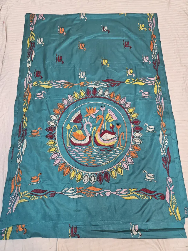 Sea Green Hand Embroidered Circular Swan Mandala Kantha Stitch Blended Bangalore Silk Saree