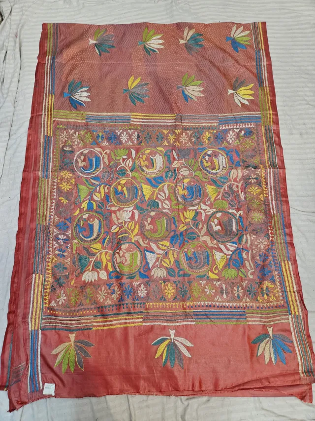 Coral Peach Hand Embroidered Bird Medallions and Floral Vine Kantha Stitch Blended Bangalore Silk Saree
