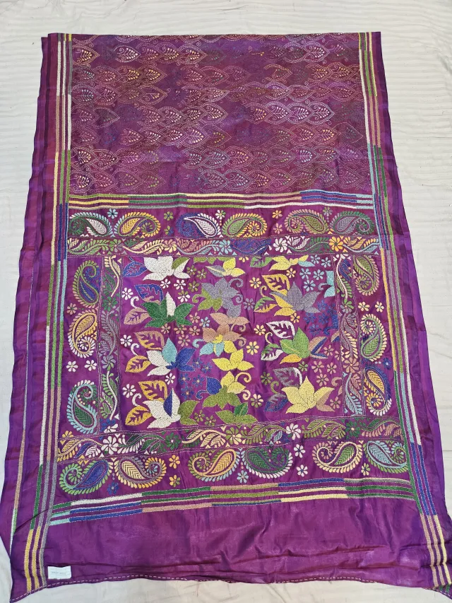 Purple Blue Dual Tone Hand Embroidered Floral Panel and Paisley Frame Kantha Stitch Blended Bangalore Silk Saree