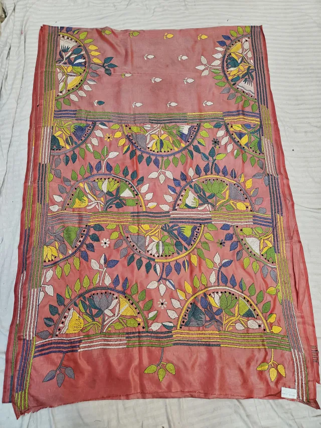 Salmon Peach Hand Embroidered Semicircular Peacock Mandala Kantha Stitch Blended Bangalore Silk Saree
