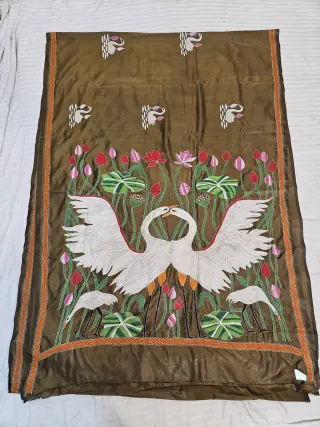 Olive Green Hand Embroidered Dancing Swan and Lotus Pond Kantha Stitch Blended Bangalore Silk Saree