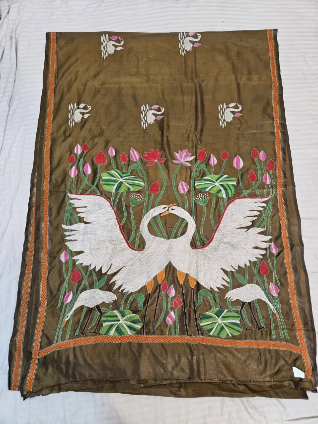 Olive Green Hand Embroidered Dancing Swan and Lotus Pond Kantha Stitch Blended Bangalore Silk Saree
