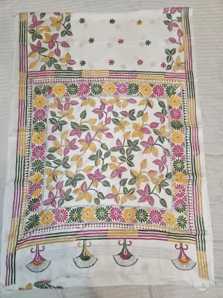 Off White Hand Embroidered Floral Vine Tapestry Panel Kantha Stitch Blended Bangalore Silk Saree