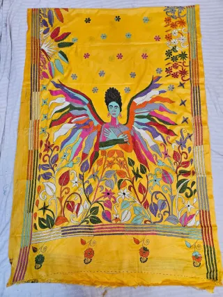 Sunshine Yellow Blended Bangalore Silk Kantha Stitch Saree with Angelic Fairy Motif Pallu