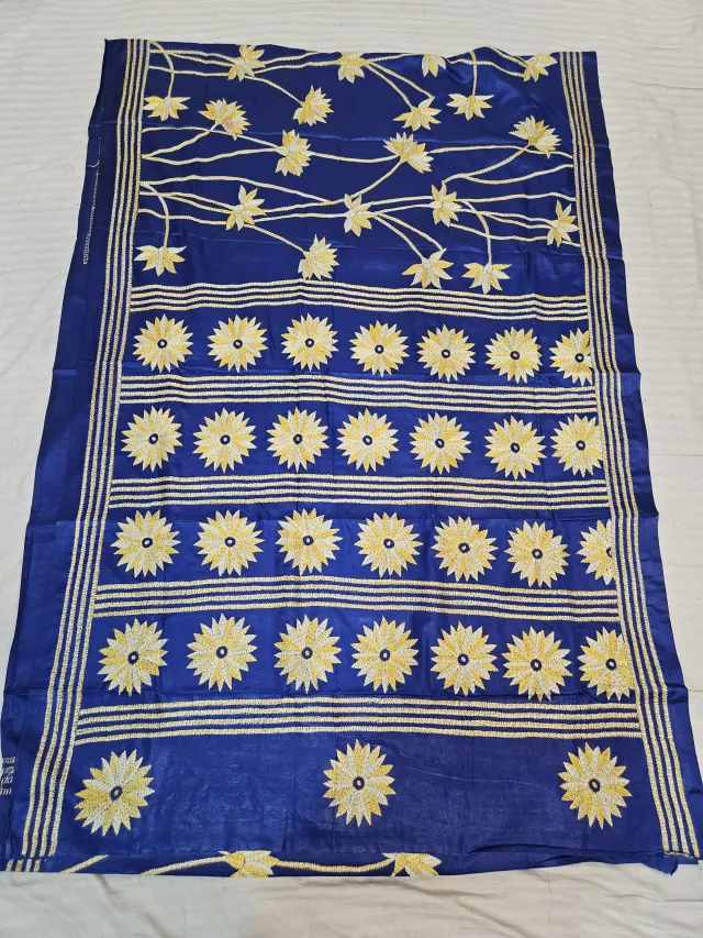 Royal Blue Blended Bangalore Silk Kantha Saree with Floral Starburst Motif Pallu