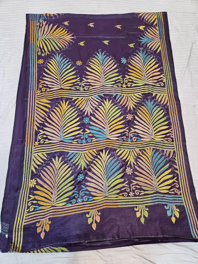 Deep Purple Blended Bangalore Silk Kantha Saree with Multi-Color Plume Motif Pallu