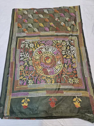 Deep Green Blended Bangalore Silk Kantha Saree with Royal Mandala Motif Pallu