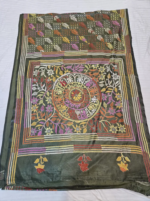 Deep Green Blended Bangalore Silk Kantha Saree with Royal Mandala Motif Pallu