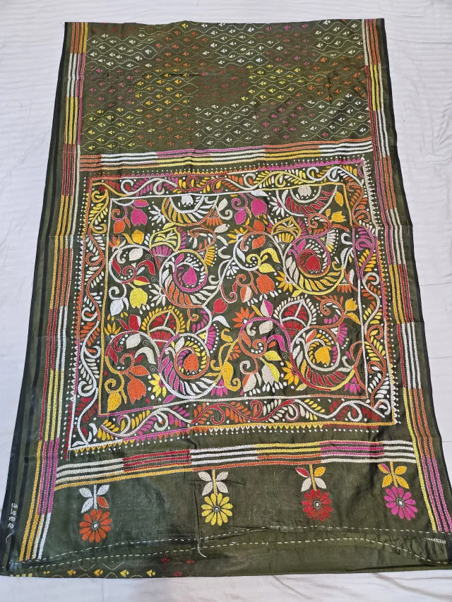 Deep Olive Green Blended Bangalore Silk Hand Embroidery Kantha Saree with Multi-Color Peacock Garden Pallu