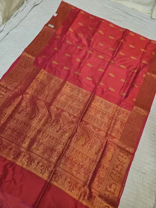 Crimson Red and Golden Zari Woven Royal Narrative Swarnachari Soft Silk Saree