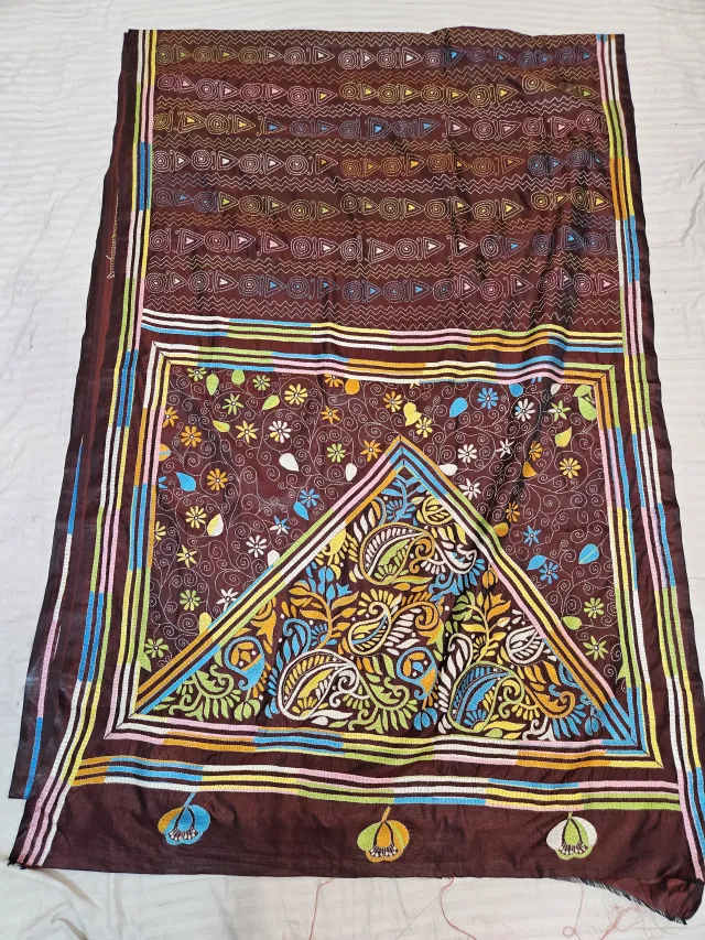 Coffee Brown Blended Bangalore Silk Hand Embroidery Kantha Saree with Triangular Paisley Motif Pallu
