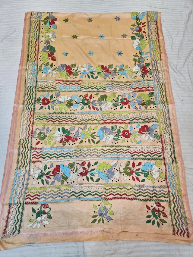 Pastel Peach Blended Bangalore Silk Hand Embroidery Kantha Saree with Multi-Color Floral Garden Pallu