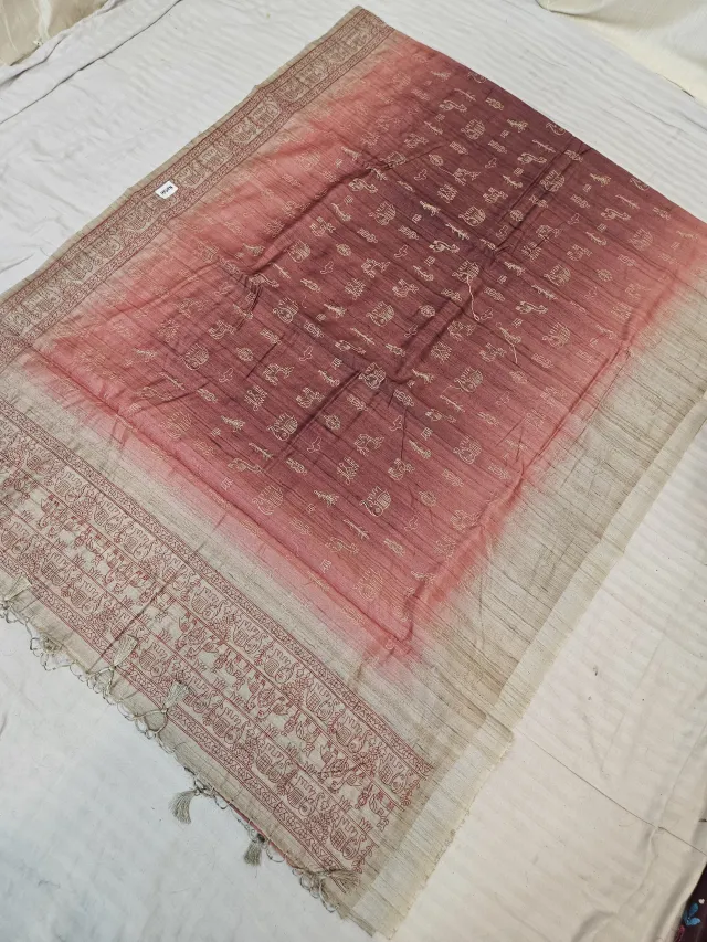 Peach and Tussar Dual Tone Nartaki Motif Raw Kantha Soft Silk Saree