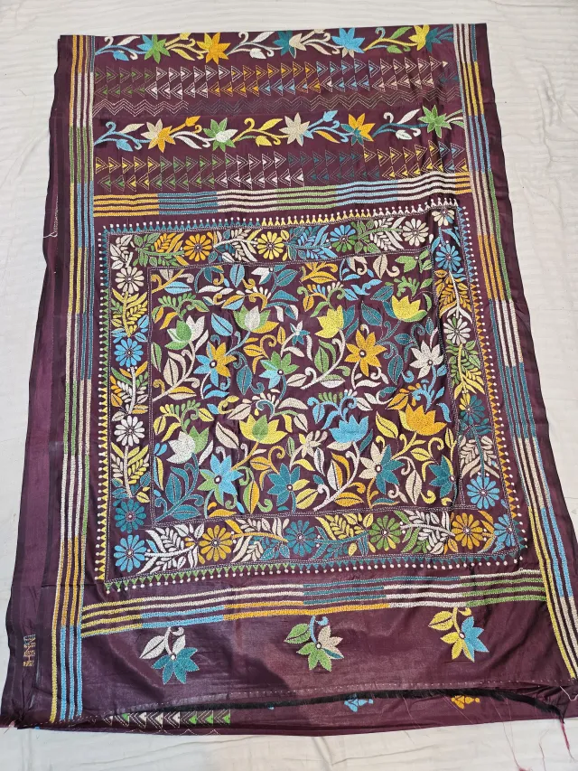 Deep Plum Blended Bangalore Silk Hand Embroidery Kantha Saree with Botanical Floral Garden Pallu